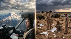 A split-screen historical collage depicting the summer of 1947. On the left side, pilot Kenneth Arnold looks out his airplane cockpit window at mysterious metallic crescent objects flying near snow-capped Mount Rainier. On the right side, military personnel examine shiny metallic debris scattered on the ground in a New Mexico desert setting. A subtle glowing line divides the two scenes down the center.