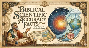 An illustrative graphic titled 'Biblical Scientific Accuracy Facts' showing an ancient scribe writing on parchment alongside modern scientific diagrams of an expanding universe, the hydrological cycle, and DNA structures, bridging ancient scripture with modern discovery
