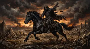 An illustration of the Black Horseman of the Apocalypse riding a dark steed across a ruined landscape beneath a fiery, smoky sky. The hooded rider holds a pair of balance scales aloft in his left hand, symbolizing famine, while emaciated figures lie among the rubble below.