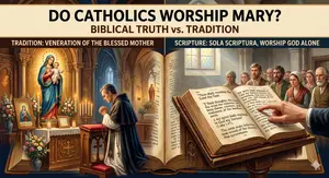 A split-panel illustration comparing Catholic tradition with a focus on the Bible regarding the Virgin Mary.