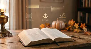 An open Bible sits on a wooden table illuminated by a warm lamp, with out-of-focus autumn leaves and a pumpkin in the background. Above the Bible, subtle graphic icons and a timeline represent Scripture, Church, and History.