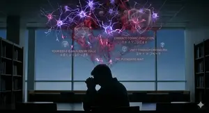 A man praying in a dimly lit library, shielded by glowing biblical verses from dark, deceptive cosmic thoughts and mental manipulation.
