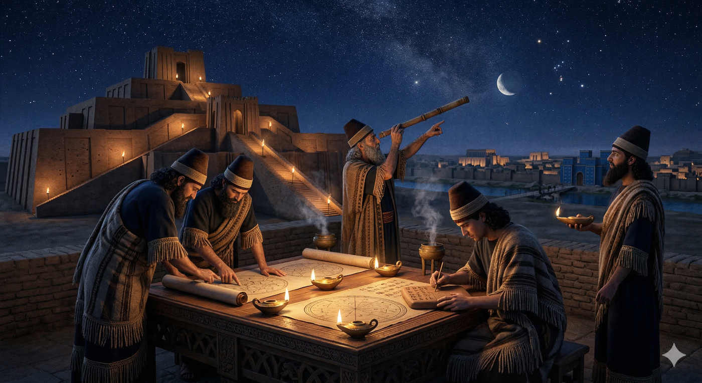 A historical night photograph taken on the terraces of a stepped Babylonian ziggurat. Five ancient Mesopotamian stargazers (wise men), dressed in traditional patterned robes and conical caps, gather around a large table covered in celestial maps and star charts illuminated by oil lamps. One old man points through a rudimentary sighting device toward the crescent moon and the clear constellation of Orion, while others consult a clay tablet. The city of Babylon and the Euphrates river are dimly lit in the background, contrasting the extensive starry sky above.