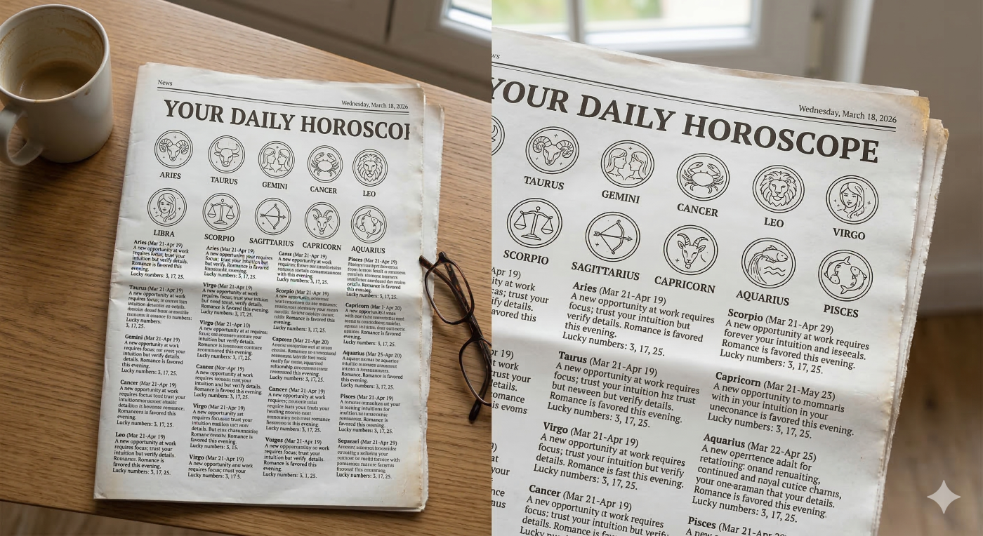 A slightly yellowed daily newspaper column titled "YOUR DAILY HOROSCOPE" in bold text, dated Wednesday, March 18, 2026. Twelve stylized, circular icons for the Zodiac signs are featured, each above a small text block providing predictions for that sign, with typical newspaper typography. A coffee mug and reading glasses rest nearby on a wooden table.