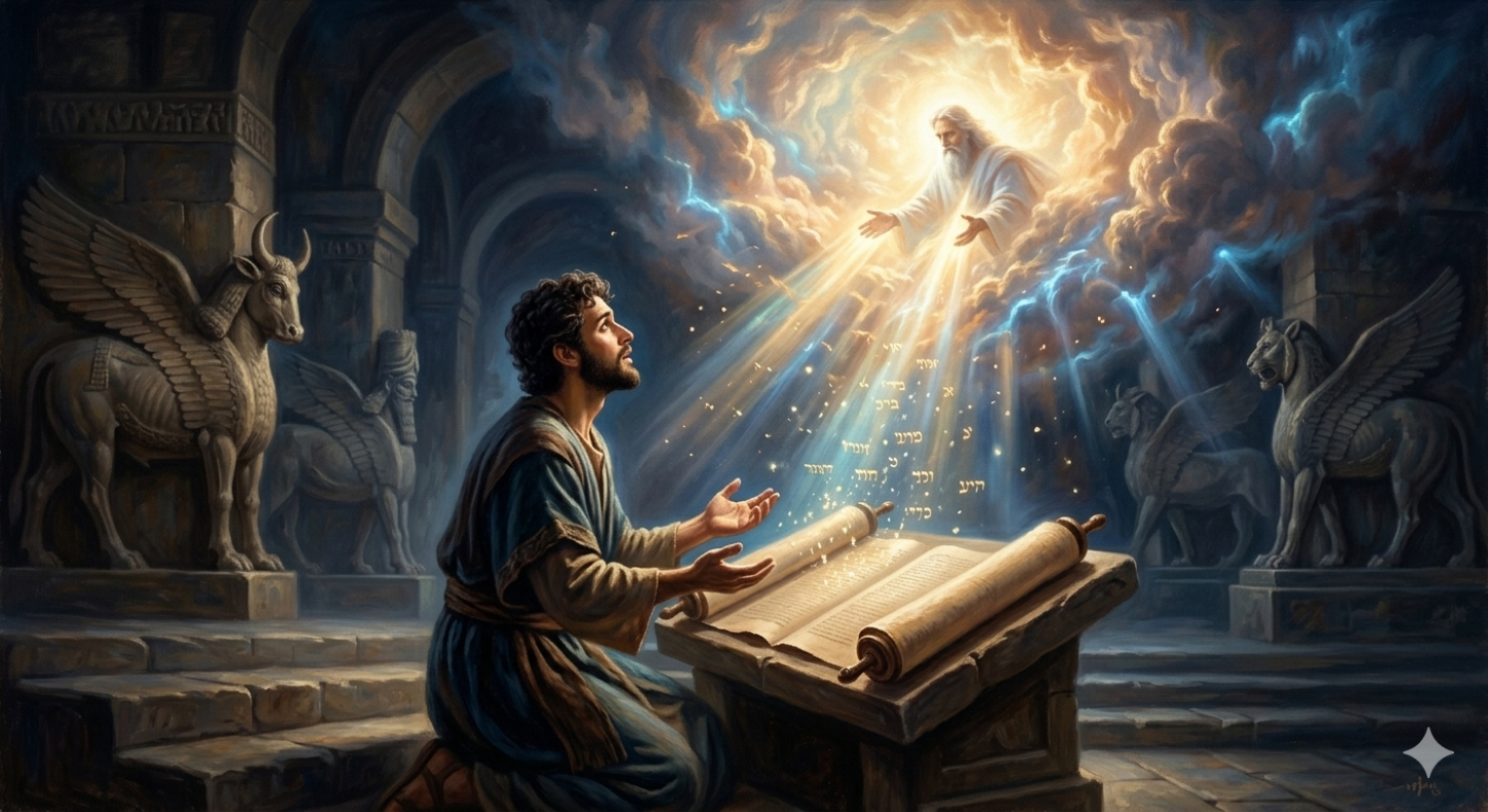 A Romantic-realist oil painting of the biblical prophet Daniel, a young man with dark hair and simple robes (resembling the man in image_2.png), kneeling on stone steps in a dimly lit, ancient Babylonian palace chamber at night, featuring background relief carvings of mythical beasts (like those in image_10.png). He is receiving divine revelation; a cascade of brilliant warm golden and electric blue light bursts from a swirling cloud formation high above, piercing the dark chamber. A large scroll (similar to the Bible in image_2.png) is open before Daniel on a stone stand, catching shimmering particles of the light as he looks up in awe, with cupped hands extended toward the heavens.
