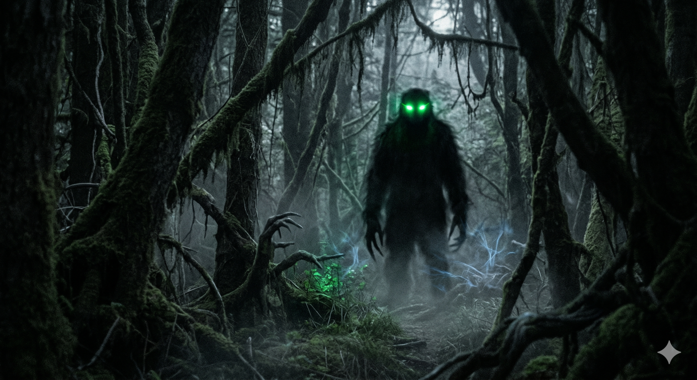 An intensely atmospheric and mysterious night photograph taken deep within a dense forest, where the distinction between the physical and the supernatural is blurred. Moonlight weakly filters through the tangled canopy, illuminating hanging moss and tangled vines, while a figure—perhaps a representation of Bigfoot or Dogman—stands half-concealed and out of focus, its face obscured. The figure's presence is defined by massive, glowing green luminous eyes that cast an eerie light, appearing almost disembodied and menacing. There is no clear evidence of footprints or physical impact on the forest floor, only a fleeting and visually unsettling apparition, emphasizing the concept of a spiritual or demonic manifestation rather than a physical animal. The mood is heavy with supernatural unease, captured from the viewpoint of a cautious observer.
