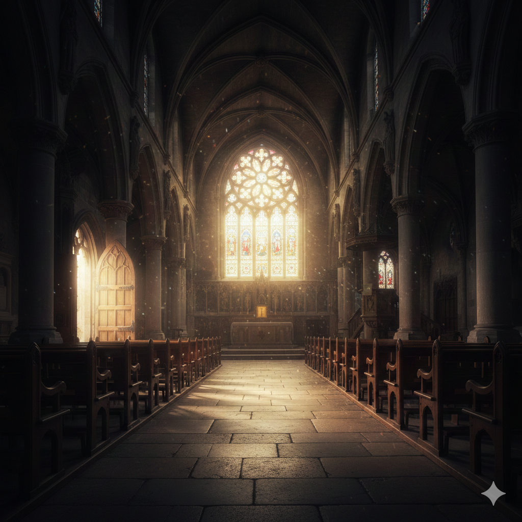 A glowing light filling an empty church sanctuary representing the Mockers of the Rapture prophecy.