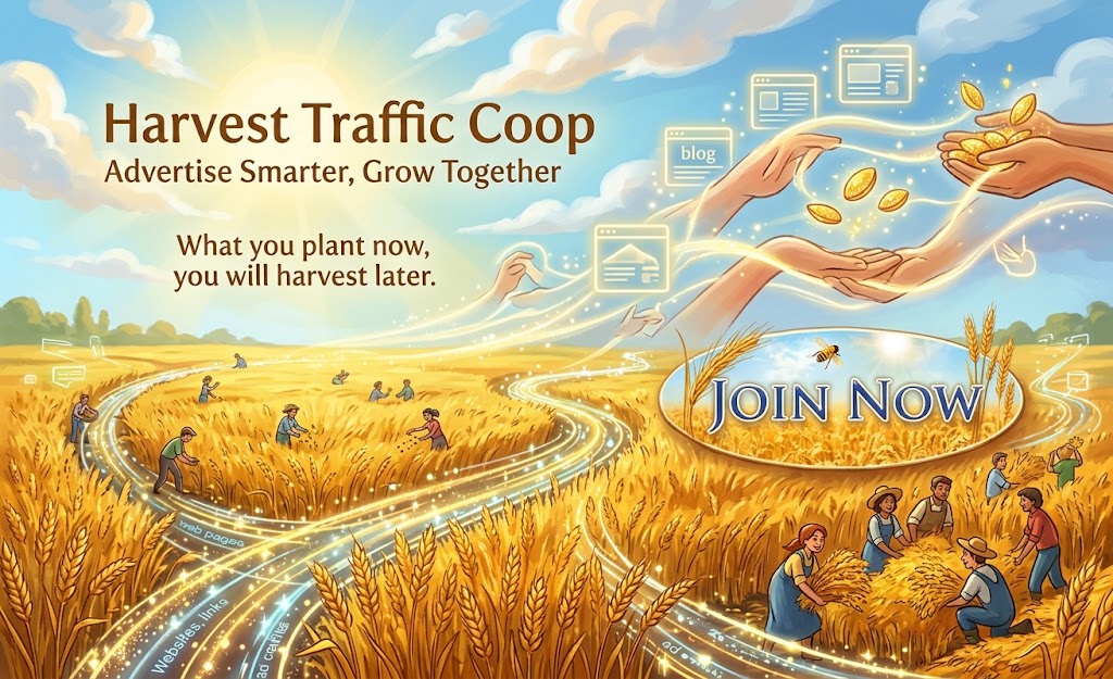 An illustrative banner for "Harvest Traffic Coop" featuring farmers harvesting golden wheat fields, with glowing digital streams representing web traffic and advertising growth. An illustrative banner for "Harvest Traffic Coop" featuring farmers harvesting golden wheat fields, with glowing digital streams representing web traffic and advertising growth.