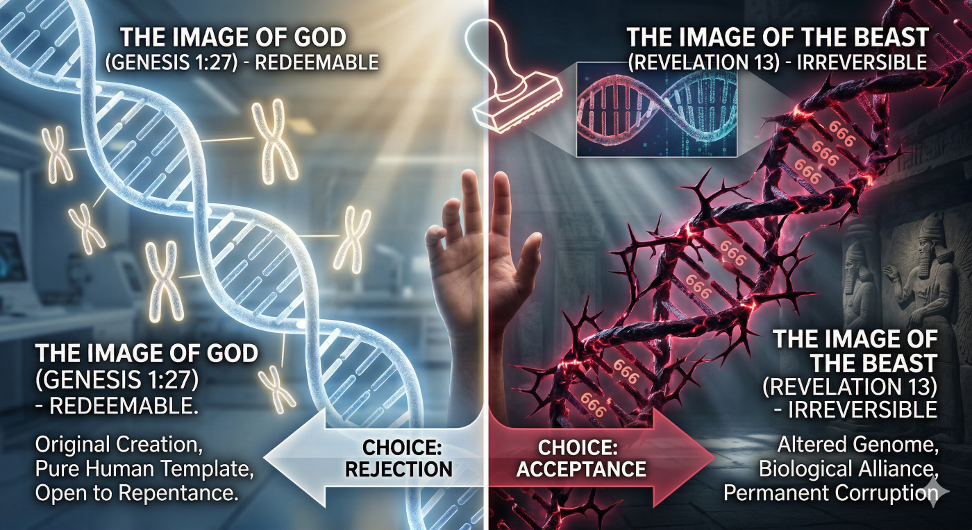 A vertical infographic comparing "The Image of God" on the left with "The Image of the Beast" on the right. On the left, a whole, blue DNA helix is labeled 'Redeemable' and shows standard human chromosomes. Text reads: 'Original Creation, Pure Human Template, Open to Repentance.' On the right, a fragmented, red-tainted DNA helix is labeled 'Irreversible' and contains embedded '666' sequences. Text reads: 'Altered Genome, Biological Alliance, Permanent Corruption.' A human hand reaches up between the two paths, with microscopic overlays showing the DNA structures, against a blurred background of ancient Nephilim stone reliefs and modern lab equipment.