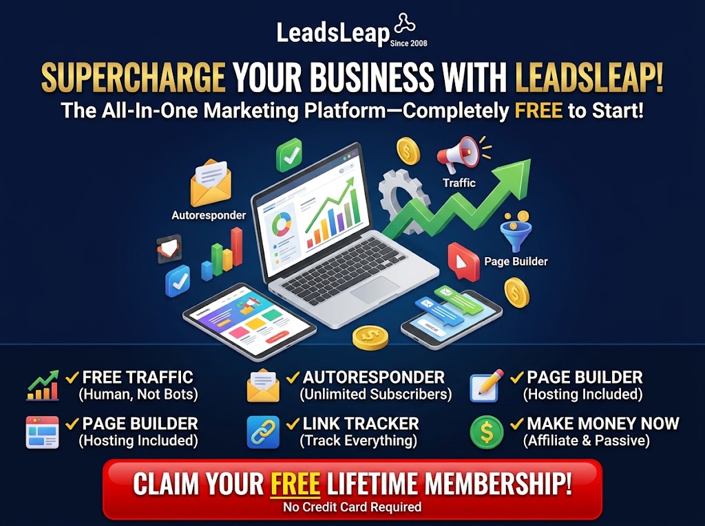 Promotional graphic for LeadsLeap featuring digital marketing illustrations against a dark blue background. At the top, bold headline text reads: "SUPERCHARGE YOUR BUSINESS WITH LEADSLEAP! The All-In-One Marketing Platform—Completely FREE to Start!" The center displays a isometric 3D graphic of a laptop surrounded by digital marketing icons including an autoresponder email, growth charts, a page builder, and coins. Below the graphic, key feature bullet points highlight "FREE TRAFFIC (Human, Not Bots)", "AUTORESPONDER (Unlimited Subscribers)", "PAGE BUILDER (Hosting Included)", "LINK TRACKER (Track Everything)", and "MAKE MONEY NOW (Affiliate & Passive)". A prominent red call-to-action button at the bottom reads "CLAIM YOUR FREE LIFETIME MEMBERSHIP! No Credit Card Required". Promotional graphic for LeadsLeap featuring digital marketing illustrations against a dark blue background. At the top, bold headline text reads: "SUPERCHARGE YOUR BUSINESS WITH LEADSLEAP! The All-In-One Marketing Platform—Completely FREE to Start!" The center displays a isometric 3D graphic of a laptop surrounded by digital marketing icons including an autoresponder email, growth charts, a page builder, and coins. Below the graphic, key feature bullet points highlight "FREE TRAFFIC (Human, Not Bots)", "AUTORESPONDER (Unlimited Subscribers)", "PAGE BUILDER (Hosting Included)", "LINK TRACKER (Track Everything)", and "MAKE MONEY NOW (Affiliate & Passive)". A prominent red call-to-action button at the bottom reads "CLAIM YOUR FREE LIFETIME MEMBERSHIP! No Credit Card Required".