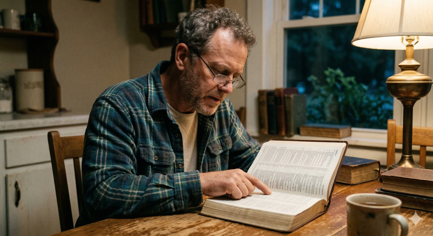 A candid photograph of a middle-aged man with a short beard, wearing a plaid shirt and glasses, seated at a wooden table in a softly lit room. He is focused, with his finger tracing the text as he reads from an open, large-print Bible, which is clearly open to the book of Isaiah, chapter 47. His expression is one of intent study. A warm table lamp illuminates the scene, which features bookshelves in the background.
