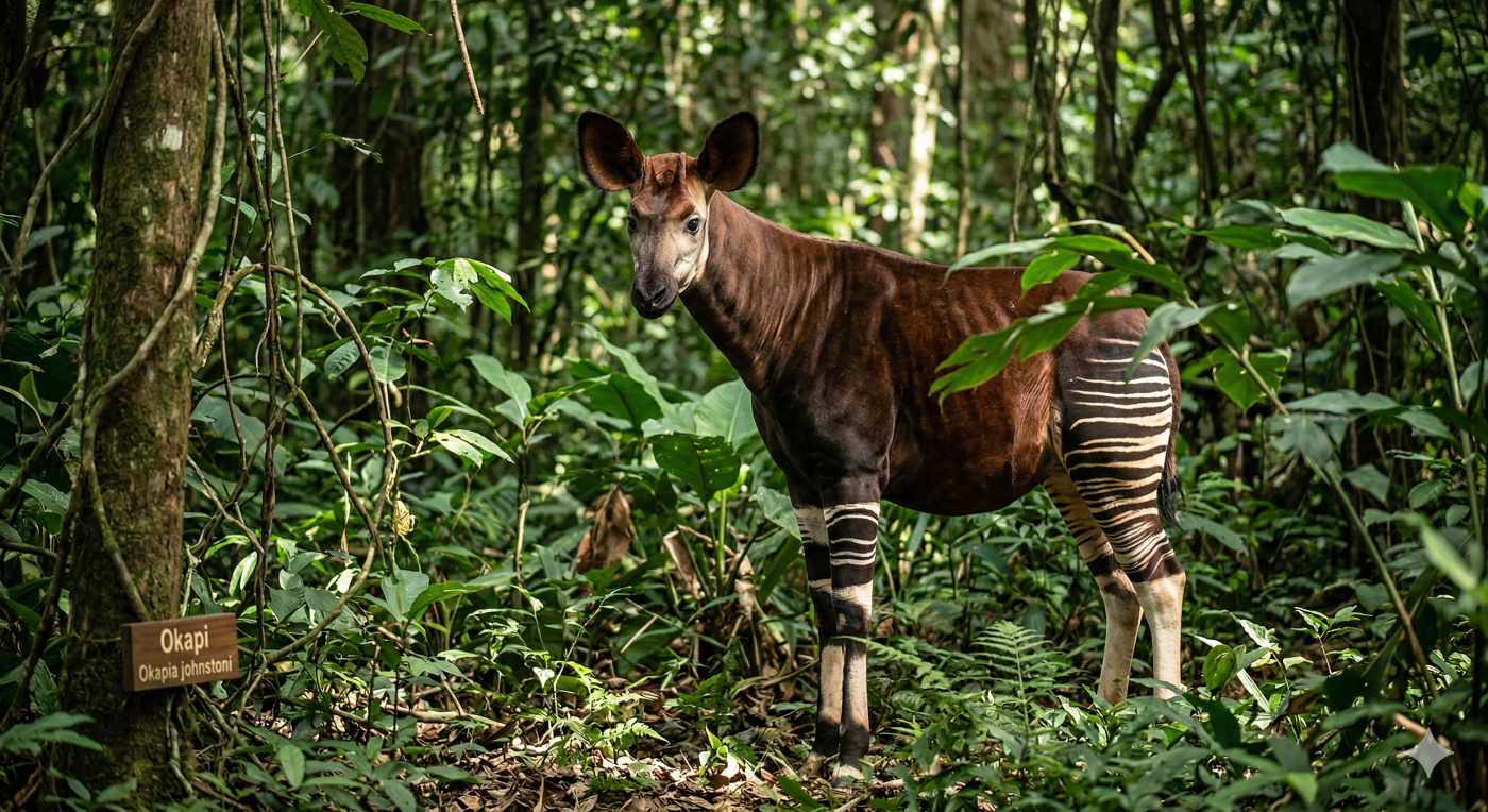 An Okapi, often called the "African Unicorn" due to its rare and hidden nature, standing within a lush rainforest. This animal demonstrates that formerly elusive and mythical creatures can be real, illustrating the theme of the From Myth to Mammal content block.