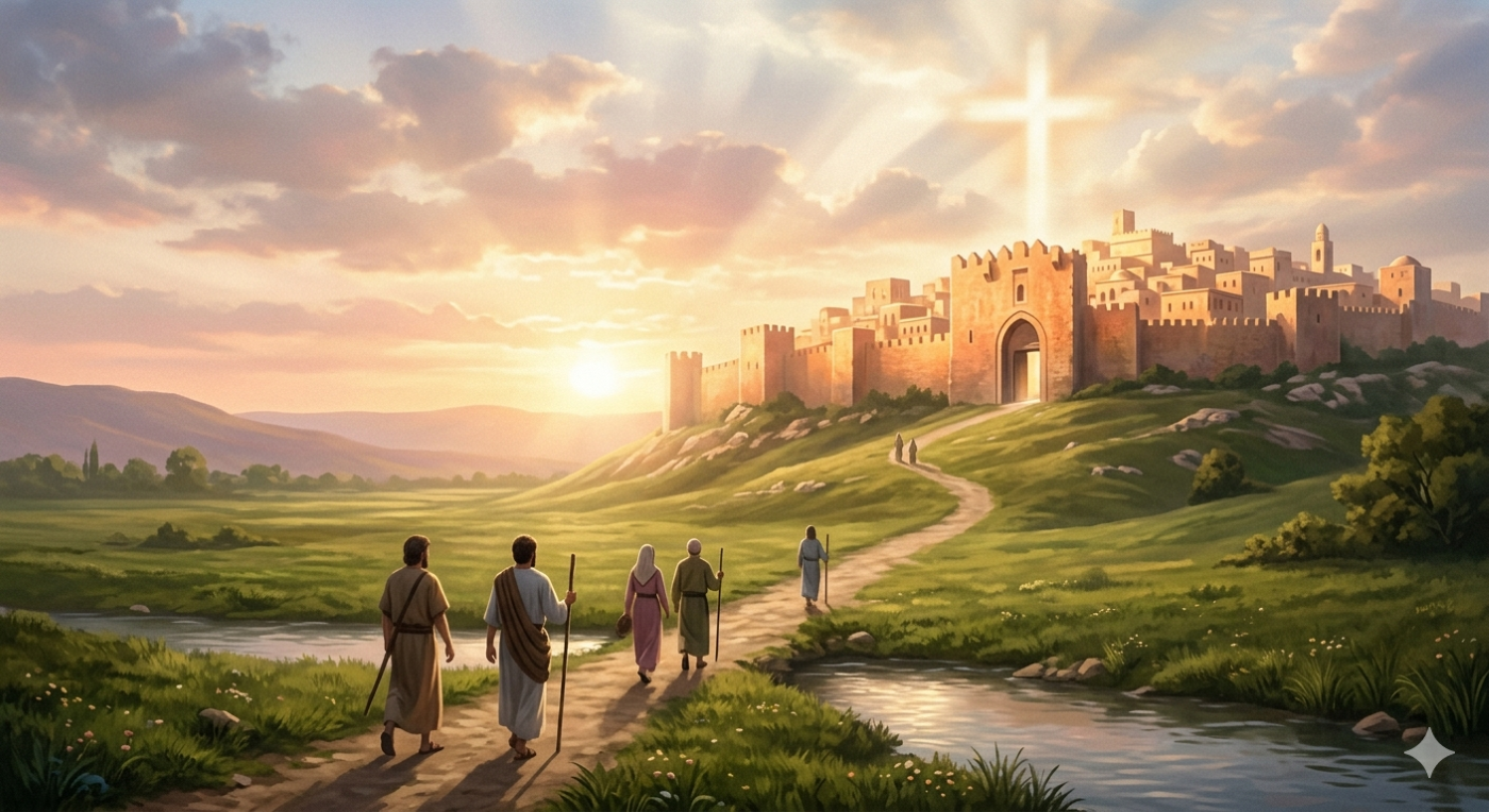 A vibrant landscape painting depicting a group of four ancient figures walking along a dirt path toward a fortified, glowing city on a hill at sunset. The sky is filled with clouds and a radiant cross, symbolizing hope and divine guidance. A calm river flows alongside the path in the foreground.