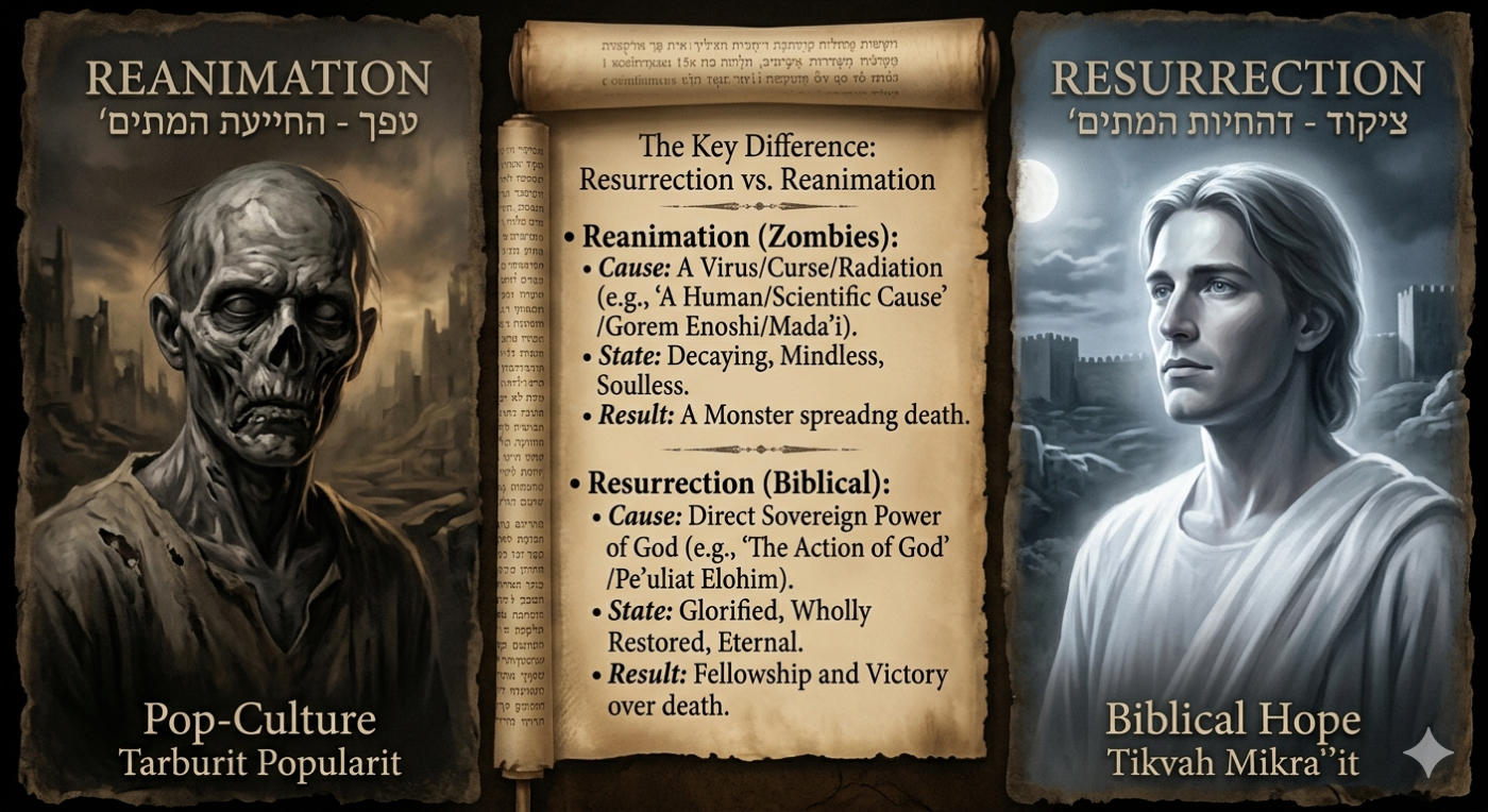 A triptych infographic, rendered in a dark, antique scholarly style, compares "Reanimation" and "Resurrection." The left panel, labeled "REANIMATION" with Hebrew text and "Pop-Culture Tarburit Popularit" at the bottom, features a portrait of a decaying, eyeless zombie figure in tattered robes against a ruined cityscape. The center panel, which is an open, ancient parchment scroll, contains English text listing the definitions and distinctions between "Reanimation (Zombies)" (defined by cause, state, and result) and "Resurrection (Biblical)" (defined by cause, state, and result). Hebrew and Greek script are visible on the scroll itself. The right panel, labeled "RESURRECTION" with Hebrew text and "Biblical Hope Tikvah Mikra'it" at the bottom, displays a glowing, vibrant portrait of a young man with long, flowing hair in a white robe, looking calmly toward a radiant moon and a peaceful, renewed city. All three panels are visually framed by a dark, mummified paper or parchment border, emphasizing the weight and ancient context of the distinction.