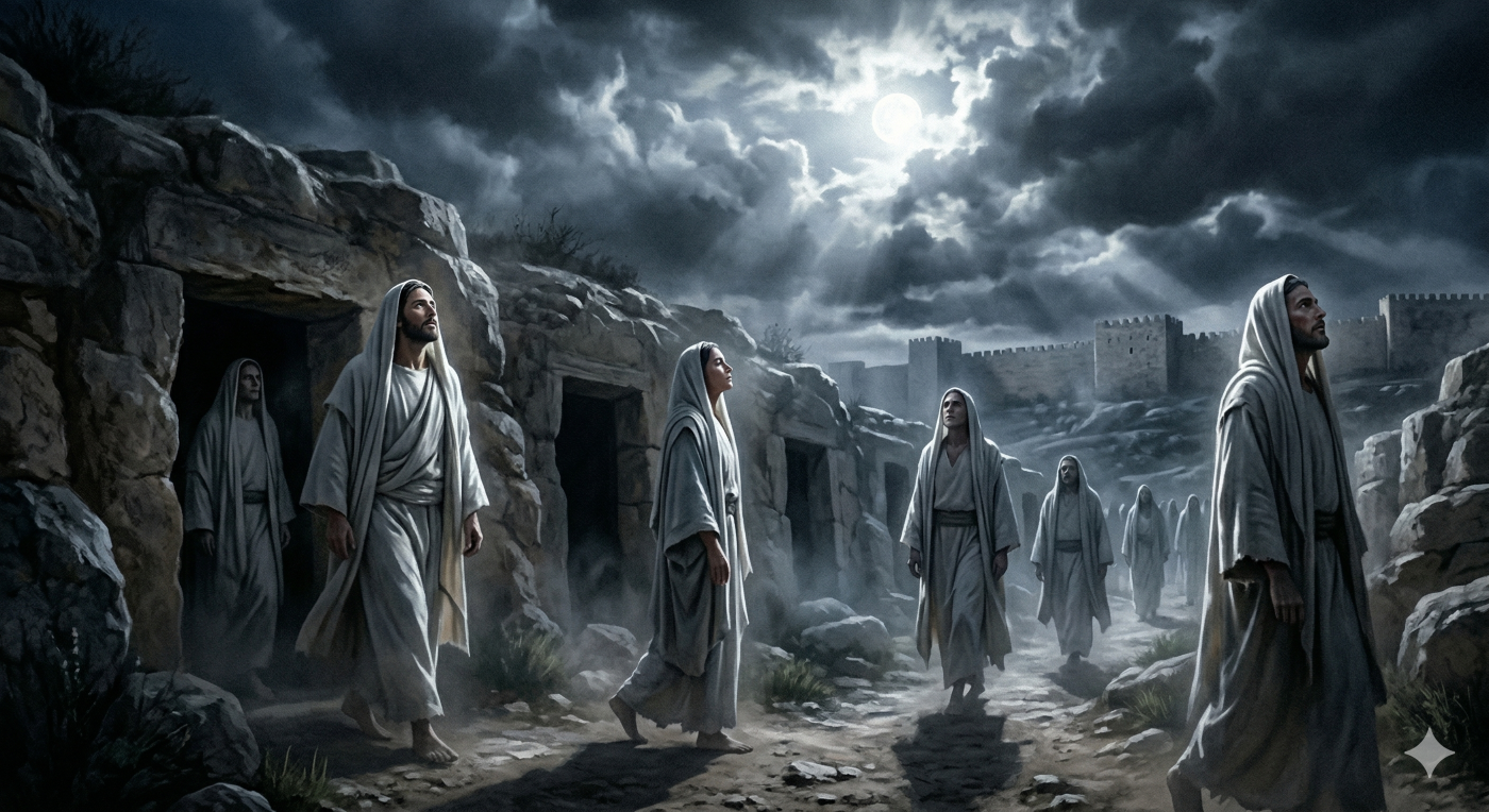 A group of figures dressed in long white robes walk slowly among ancient stone structures and ruins under a cloudy, moonlit sky.