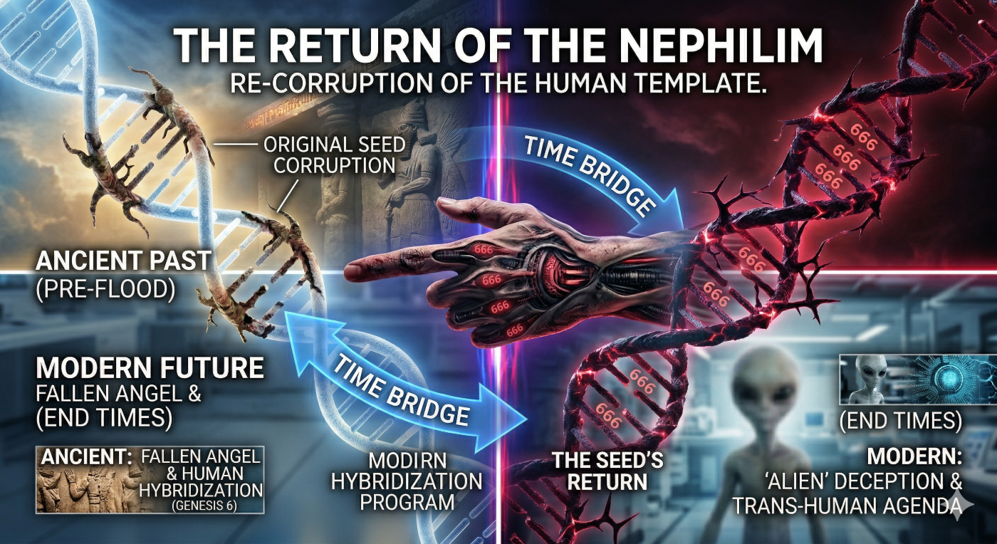 A vertical infographic comparing the ancient Nephilim to modern biotechnology. At the top, a section labeled 'Ancient Past (Pre-Flood)' shows large stone reliefs of ancient giants and a corrupted DNA helix breaking. At the bottom, a section labeled 'Modern Future (End Times)' shows a similar, crimson-tainted DNA helix from image_0.png, with microscopic overlays and human figures, next to a blurred image of a small gray alien and cybernetic patterns in a modern lab. A central, large distorted hand, with biomechanical and crimson energy features, points to a text box titled 'The Seed's Return,' linking a 'Time Bridge' arrow from ancient 'corruption' to a modern 'genetic war' timeline, reinforcing the concept that ancient genetic corruption is repeating.