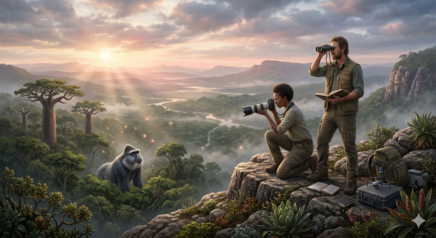 Two diverse researchers—an African woman and a Caucasian man—equipped with cameras, binoculars, and notebooks, kneeling on a jagged, misty cliff edge at dawn in a pristine, remote African valley. They have just documented a newly discovered forest primate, which is looking up cautiously from its habitat in the lush canopy far below. Beams of soft, golden sunlight pierce through clouds and jungle mist, symbolizing the revealing of hidden mysteries. Small, glowing points of light rise gently from the creature and the landscape, signifying a unique, "nephesh" or "soulish" connection between the researchers and the elusive animal. The composition emphasizes human humble wonder, scientific discovery, and profound stewardship, showcasing a rare biological moment waiting to be unlocked in a vast, complex creation. The scene is detailed and cinematic, focusing on realistic textures and the deep environmental depth of the valley.
