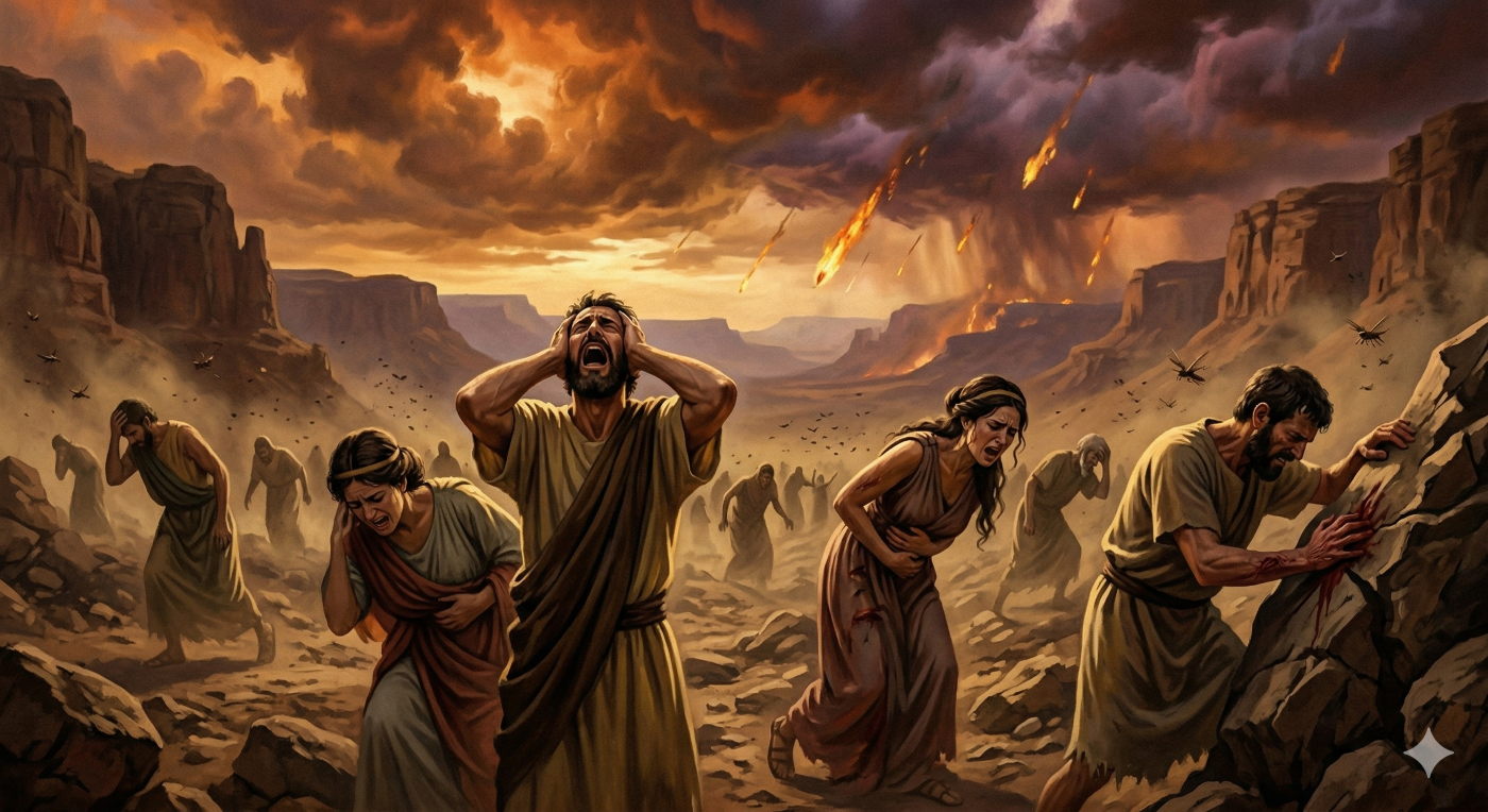 A dramatic biblical painting of a group of people suffering in agony during a catastrophic event. In the foreground, a man in a tunic screams towards the fiery, stormy sky while clutching his head in torment. Nearby, a woman on her knees in tattered clothes cries out, and another man leans desperately against a rock. The desert canyon background is filled with falling meteors, fire, dust, and numerous distressed figures. The overall tone is apocalyptic, depicting intense physical and spiritual anguish, illustrating a scene inspired by the book of Revelation where men "seek death and will not find it.