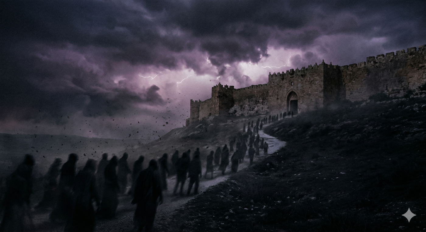 An atmospheric, cinematic depiction of an ancient stone city wall under a dark, stormy sky with purple lightning. Shadowy, indistinct figures walk in a long line toward the city gates, creating a sense of mysterious and apocalyptic movement.