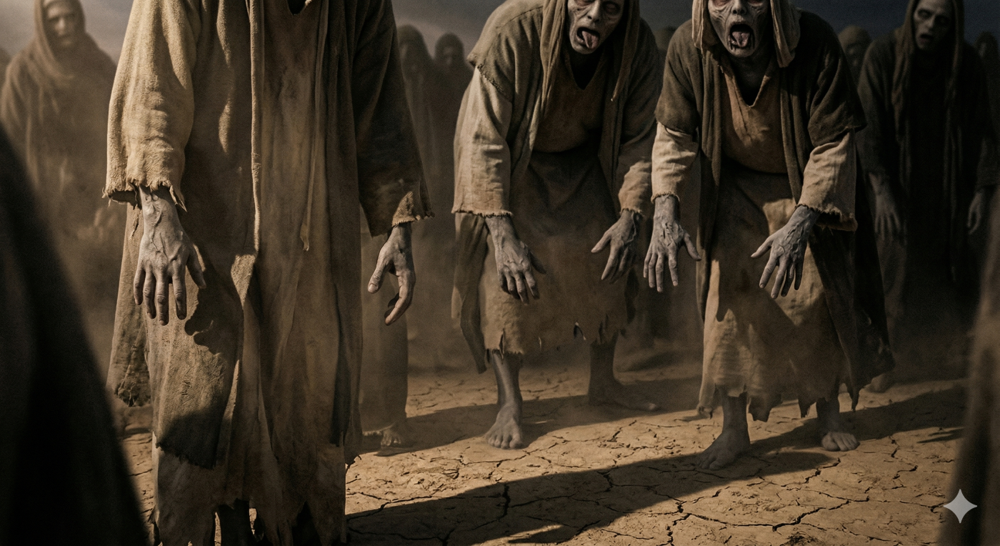 A line of people in tattered robes walk slowly through a dry, dusty field. Their heads are bowed, and they appear to be in a trance-like state.
