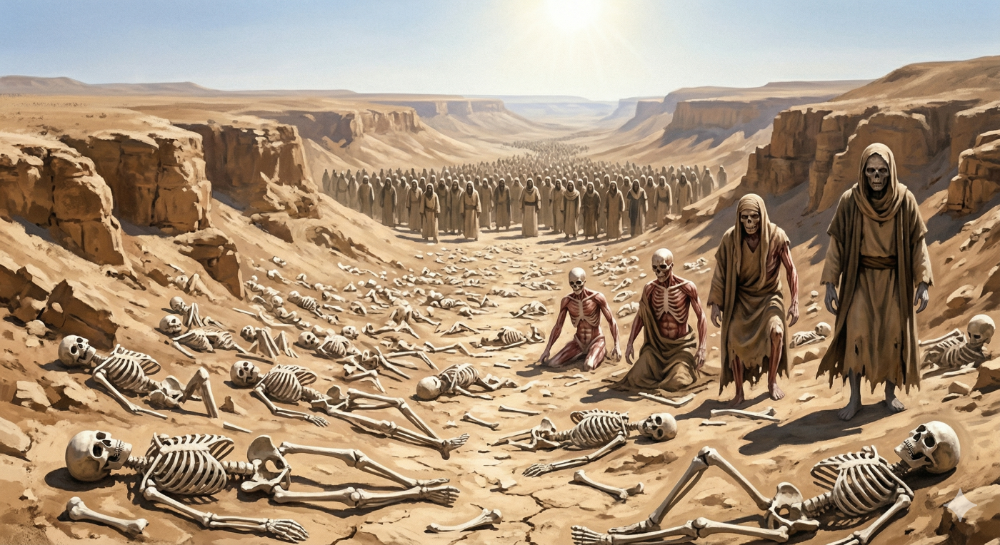 A wide-angle, dramatic landscape shows a vast desert canyon filled with countless human skeletons and partially reanimated figures rising from the dust. In the background, a massive army of fully formed people stands shoulder to shoulder, stretching into the distance under a bright, high sun. The scene captures the transformation from death to life, inspired by the biblical vision of the Valley of Dry Bones.