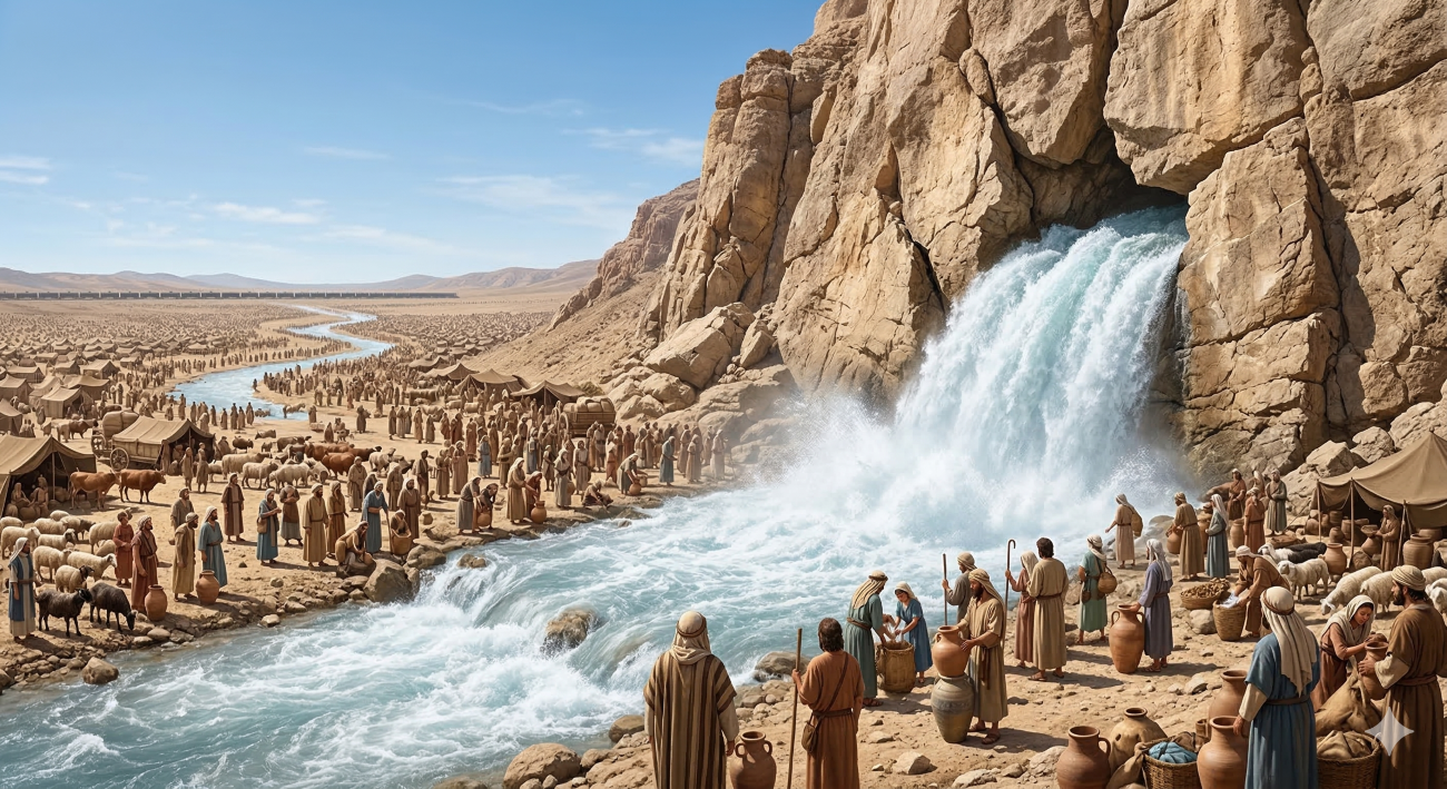 A wide-angle landscape illustrating the massive scale of the 'Water from the Rock' miracle, as described in the Miracles of the Exodus. A powerful, turbulent, clear river of water bursts explosively from a large fissure near the base of a colossal, rugged limestone cliff face, creating a wide waterfall and a raging torrent that flows toward a sprawling multitude of hundreds of thousands of Israelites, livestock, and tents in the desolate Sinai desert. Thousands of ancient Hebrews gather joyfully at the banks with pottery jars and skins to collect water from this newly formed river, which cuts a mile-long channel through the dry, rocky riverbed. In the far distance, across the valley of the sprawling camp, the edge of a modern 1,800-mile long freight train of oil/water tank cars can be seen (as a modern logistical comparison mentioned in the text), further emphasizing the overwhelming scale of the supernatural water source.