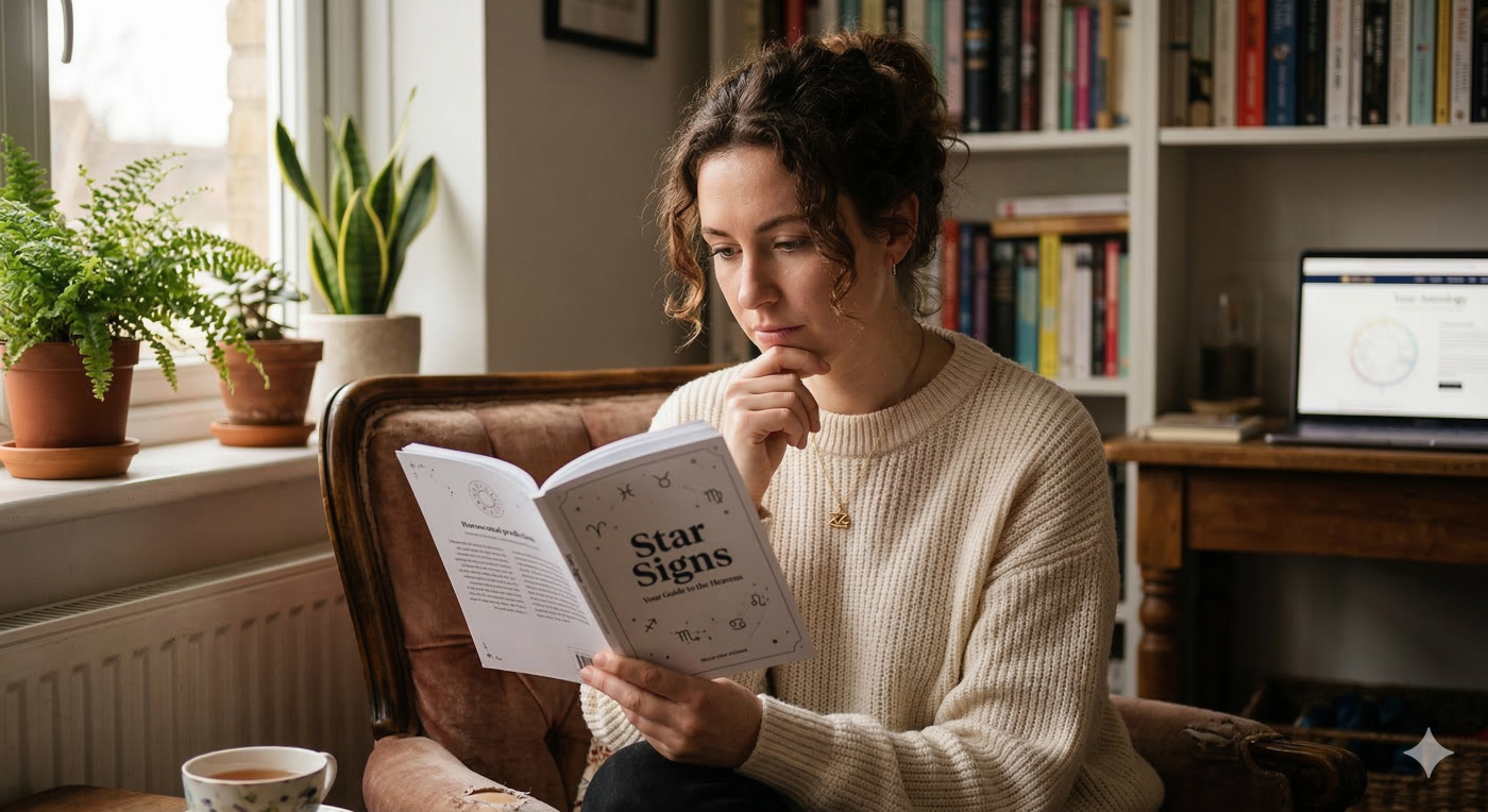 A warm, contemplative photograph of a woman wearing a cozy sweater, sitting in a relaxed posture while engrossed in a booklet titled 'Star Signs: Your Guide to the Heavens,' illustrating the practice of looking to astrological predictions for life guidance.