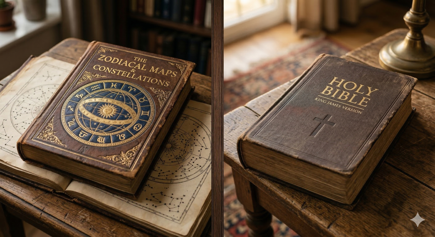 A split-screen image displaying two distinct religious and spiritual texts on opposite sides. The left panel shows a dark blue and gold-detailed book, titled 'THE ZODIACAL MAPS AND CONSTELLATIONS,' resting on top of antique parchment paper covered in intricate star charts. The right panel features a brown, leather-bound book with a textured cover, titled 'HOLY BIBLE' and 'KING JAMES VERSION,' placed on a dark wooden surface. The entire composition is softly lit and warm, highlighting the distinct visual and philosophical differences between the two belief systems.
