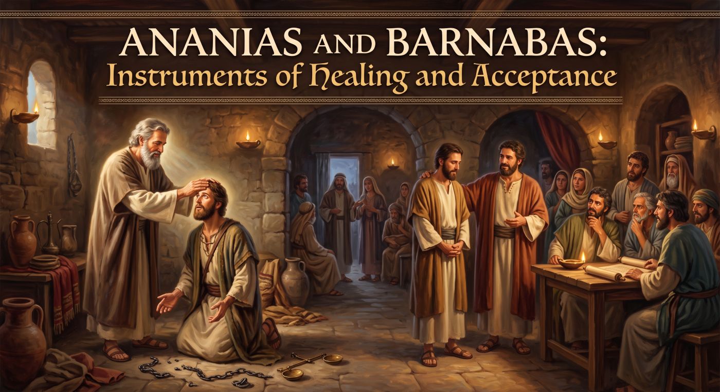 A classical illustration featuring the headline "Ananias and Barnabas: Instruments of Healing and Acceptance" across the top. On the left, Ananias places his hands on Saul (Paul) to restore his sight, while on the right, Barnabas presents Paul to a group of early Christian leaders to welcome him into the community. A classical illustration featuring the headline "Ananias and Barnabas: Instruments of Healing and Acceptance" across the top. On the left, Ananias places his hands on Saul (Paul) to restore his sight, while on the right, Barnabas presents Paul to a group of early Christian leaders to welcome him into the community.