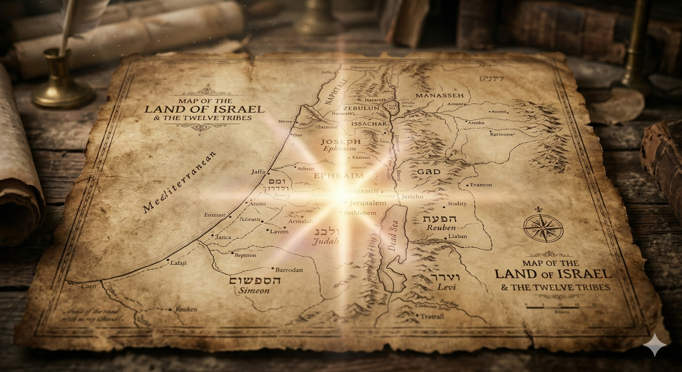 A beautifully detailed conceptual vintage-style map of the Land of Israel and the Twelve Tribes on aged parchment, with a soft luminous starburst emanating from Jerusalem, symbolizing divine selection and prophetic destiny.