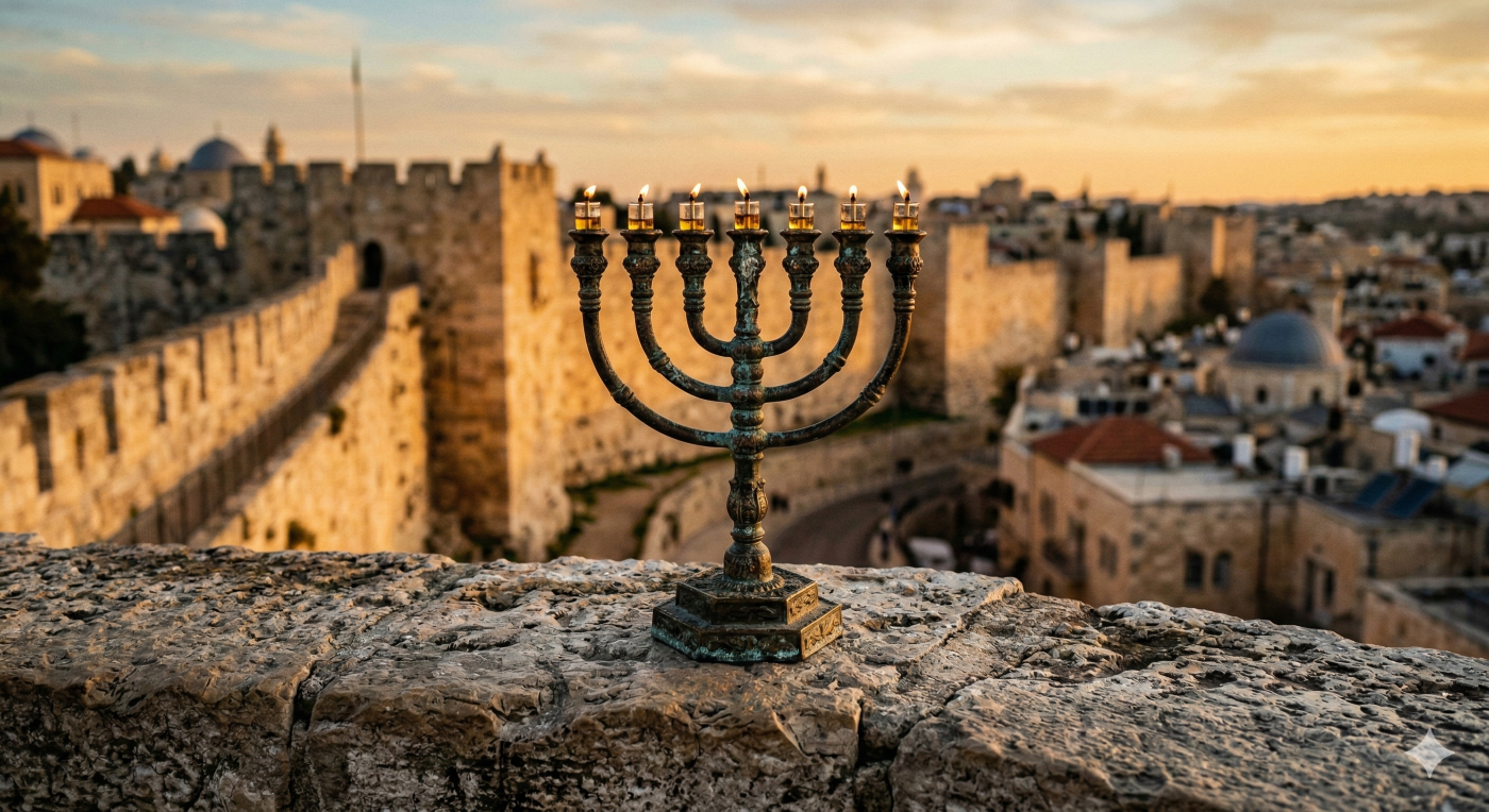 An ancient tarnished bronze seven-branched Menorah sitting on a weathered stone ledge, overlooking the Old City of Jerusalem at sunset, symbolizing God's enduring covenant with His chosen people.