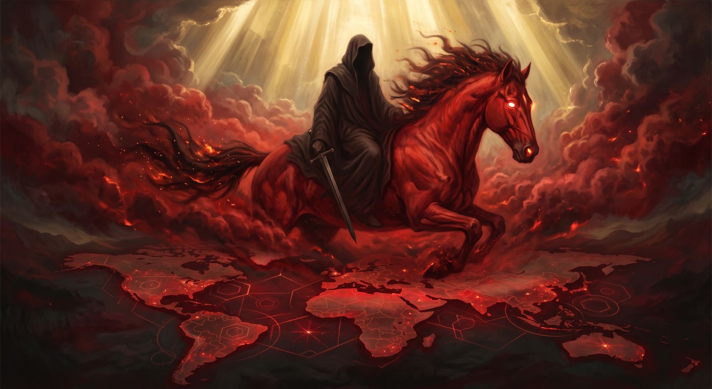 A dark fantasy painting of a hooded figure in black robes, holding a sword, riding a glowing red horse with a fiery mane and glowing eyes through a swirling red landscape. Below them, a stylized world map is visible on the ground, glowing red with geometric patterns. Rays of bright light shine down from the heavens through a red cloudy sky. A dark fantasy painting of a hooded figure in black robes, holding a sword, riding a glowing red horse with a fiery mane and glowing eyes through a swirling red landscape. Below them, a stylized world map is visible on the ground, glowing red with geometric patterns. Rays of bright light shine down from the heavens through a red cloudy sky.