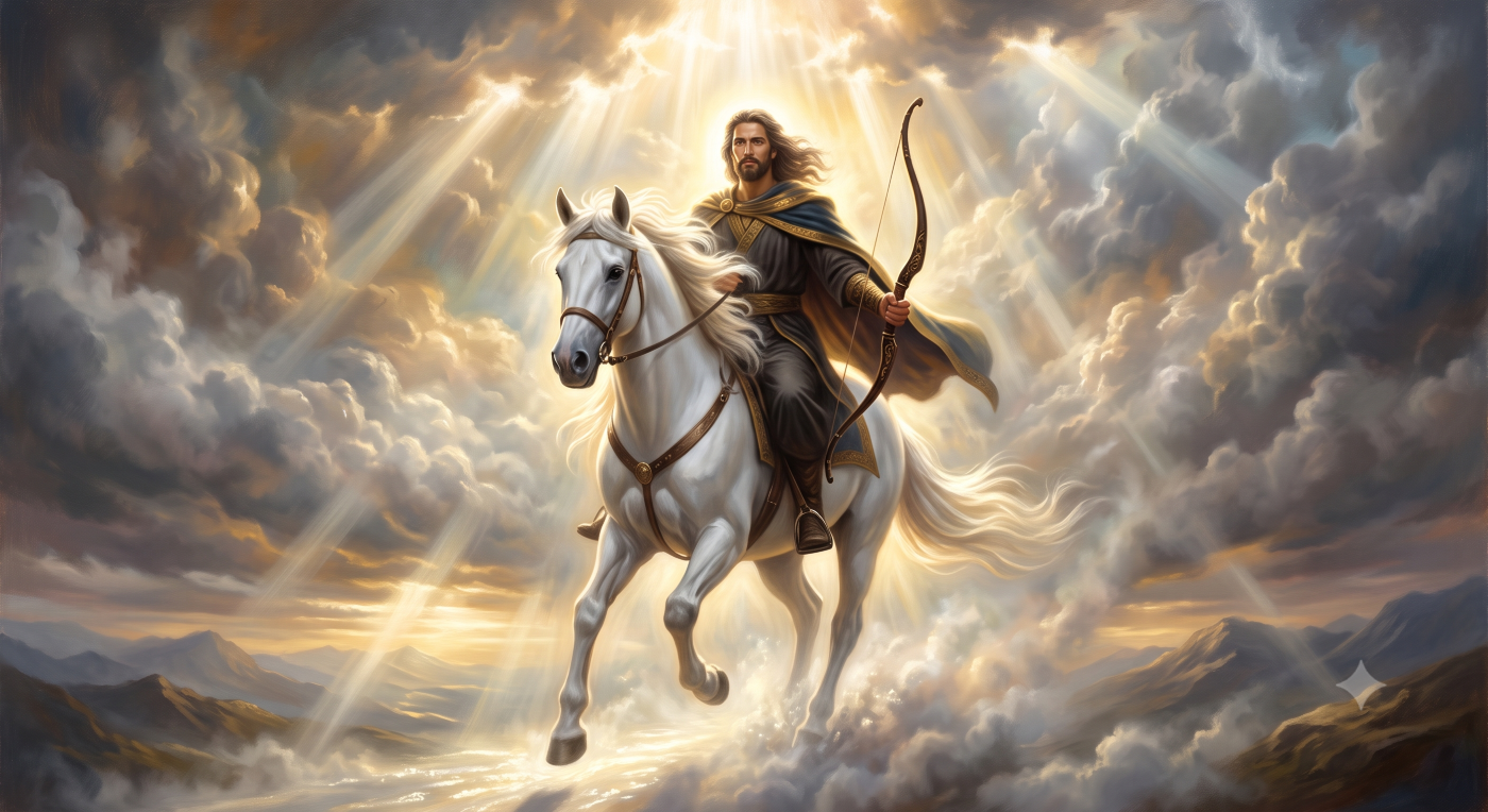 A majestic cinematic illustration of a resolute rider mounted on a white horse, emerging through soft storm clouds. The rider holds an unstrung bow in his left hand, illuminated by radiant golden and white beams of heavenly light breaking through the sky
