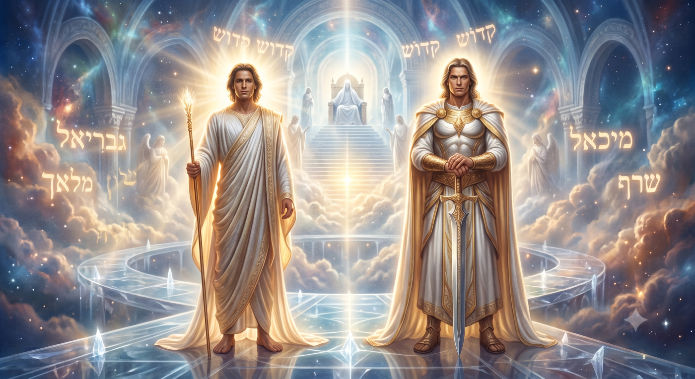 A majestic and highly detailed artistic interpretation of two powerful, human-like archangels, Michael and Gabriel, standing on a crystalline walkway within a grand, luminous heavenly throne room. Michael, on the right, is a muscular warrior figure in armor, with dark hair and a serious expression, holding a large golden sword and shield, with "מִיכָאֵל" (Michael) glowing in Hebrew text beside him. Gabriel, on the left, is a more slender, flowing figure in robes, with lighter hair and a serene expression, holding a scepter or rod, with "גַּבְרִיאֵל" (Gabriel) glowing in Hebrew text beside him. Both figures are wingless, depicted as human-like men. They stand in front of a brilliant, elevated, veiled throne that radiates intense light, with "קָדוֹשׁ קָדוֹשׁ קָדוֹשׁ" (Holy Holy Holy) glowing above it. Countless other indistinct angel figures and archways fill the hazy, glowing background, which is filled with swirling cosmic clouds and light. The architecture is detailed and majestic. Below the angels, the Hebrew words "שַׂר־הַצָּבָא" (Commander of the Host) and "מַלְאָךְ־הַבְּשׂוֹרָה" (Angel of the News) are faintly visible on the glowing walkway, along with "מַלְאָךְ" (Angel) near Michael and "שָׂרָף" (Seraph) near Gabriel. The overall scene is full of light, glory, and detailed texture, rendered in a high-fantasy, reverent biblical style. A majestic and highly detailed artistic interpretation of two powerful, human-like archangels, Michael and Gabriel, standing on a crystalline walkway within a grand, luminous heavenly throne room. Michael, on the right, is a muscular warrior figure in armor, with dark hair and a serious expression, holding a large golden sword and shield, with "מִיכָאֵל" (Michael) glowing in Hebrew text beside him. Gabriel, on the left, is a more slender, flowing figure in robes, with lighter hair and a serene expression, holding a scepter or rod, with "גַּבְרִיאֵל" (Gabriel) glowing in Hebrew text beside him. Both figures are wingless, depicted as human-like men. They stand in front of a brilliant, elevated, veiled throne that radiates intense light, with "קָדוֹשׁ קָדוֹשׁ קָדוֹשׁ" (Holy Holy Holy) glowing above it. Countless other indistinct angel figures and archways fill the hazy, glowing background, which is filled with swirling cosmic clouds and light. The architecture is detailed and majestic. Below the angels, the Hebrew words "שַׂר־הַצָּבָא" (Commander of the Host) and "מַלְאָךְ־הַבְּשׂוֹרָה" (Angel of the News) are faintly visible on the glowing walkway, along with "מַלְאָךְ" (Angel) near Michael and "שָׂרָף" (Seraph) near Gabriel. The overall scene is full of light, glory, and detailed texture, rendered in a high-fantasy, reverent biblical style.