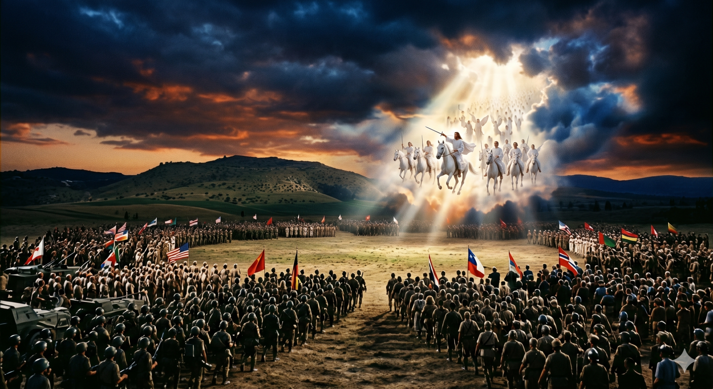 A cinematic illustration of the battle of armageddon showing the nations of the earth gathered in a valley under a stormy sky, contrasted with a divine light breaking through the clouds as Christ and a heavenly army descend on white horses.