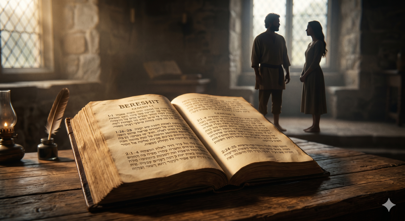 An open Bible on a wooden table illuminated by warm light at Genesis 1 and 2, with the soft silhouette of a man and woman standing in the background symbolizing the biblical design for marriage. An open Bible on a wooden table illuminated by warm light at Genesis 1 and 2, with the soft silhouette of a man and woman standing in the background symbolizing the biblical design for marriage.