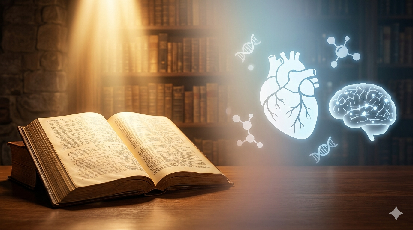 An open Bible illuminated by warm golden light on a wooden table, seamlessly transitioning into a glowing graphic of a human heart, brain silhouette, and DNA strands, symbolizing the intersection of Scripture and science. An open Bible illuminated by warm golden light on a wooden table, seamlessly transitioning into a glowing graphic of a human heart, brain silhouette, and DNA strands, symbolizing the intersection of Scripture and science.