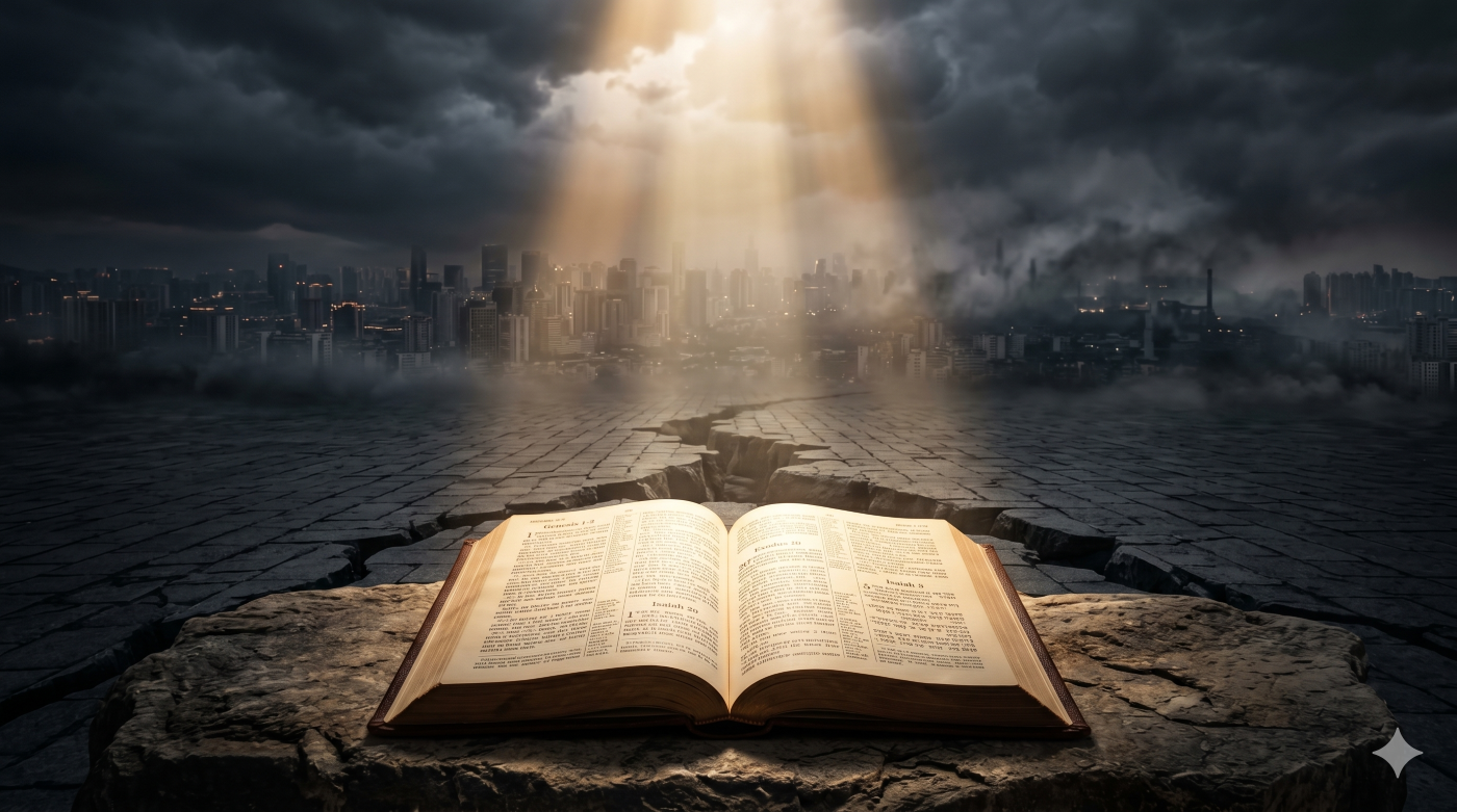 An open Bible resting on a stone platform in the foreground, illuminated by a brilliant ray of golden light, with a fractured path leading toward a dark, fog-covered city skyline in the distance. An open Bible resting on a stone platform in the foreground, illuminated by a brilliant ray of golden light, with a fractured path leading toward a dark, fog-covered city skyline in the distance.