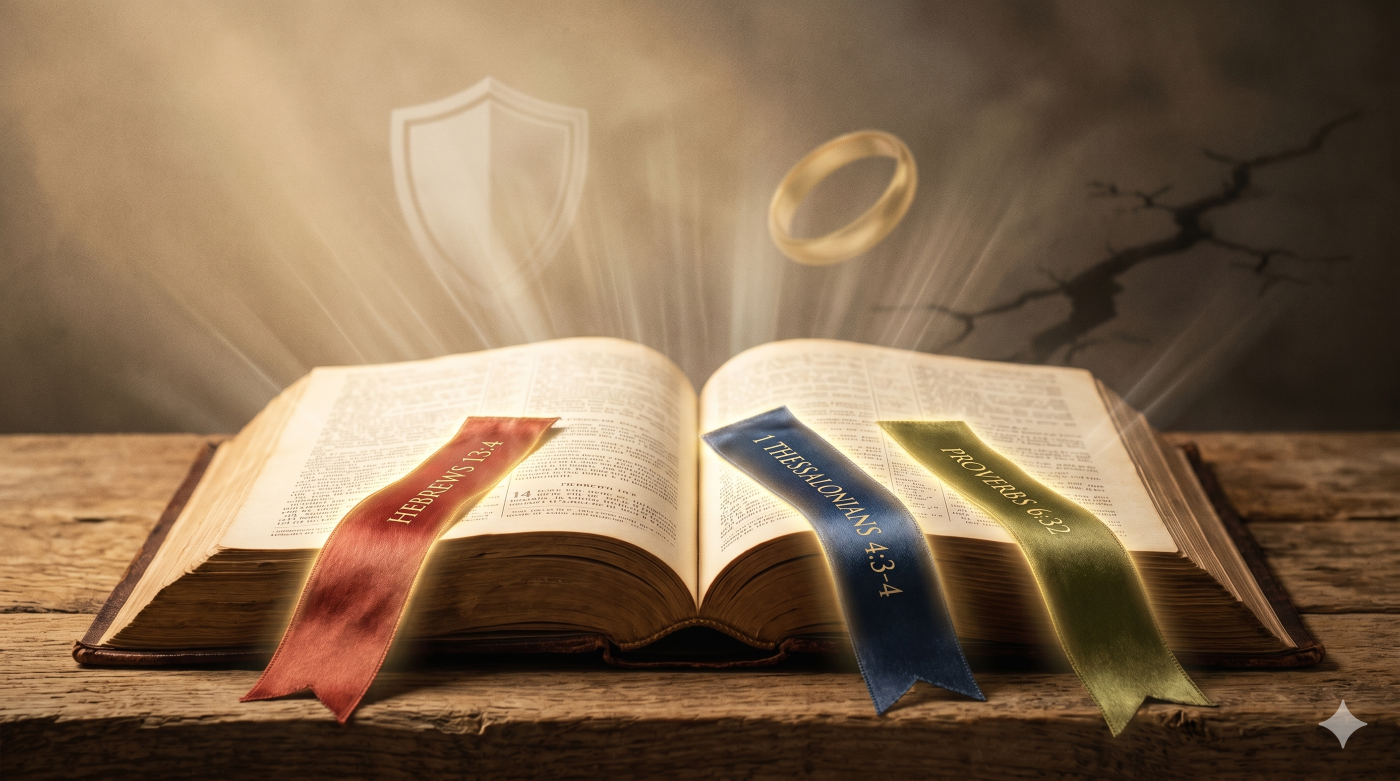 An open Bible on a wooden table with three colored satin ribbons marking Hebrews 13:4, 1 Thessalonians 4:3-4, and Proverbs 6:32, with a faint shield and gold ring floating in the warm light above. An open Bible on a wooden table with three colored satin ribbons marking Hebrews 13:4, 1 Thessalonians 4:3-4, and Proverbs 6:32, with a faint shield and gold ring floating in the warm light above.