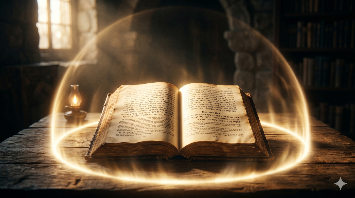 An open Bible resting on a rustic wooden table, enclosed by a soft, glowing dome of golden light that symbolizes God's protective boundaries and sacred design. An open Bible resting on a rustic wooden table, enclosed by a soft, glowing dome of golden light that symbolizes God's protective boundaries and sacred design.
