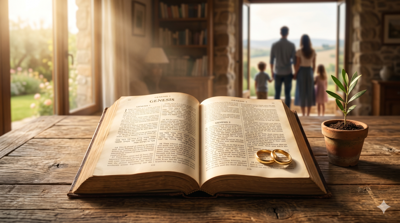 An open Bible open to Genesis on a rustic wooden table with gold wedding rings and a small olive shoot in a pot, with a soft-focus silhouette of a family standing together in the background. An open Bible open to Genesis on a rustic wooden table with gold wedding rings and a small olive shoot in a pot, with a soft-focus silhouette of a family standing together in the background.