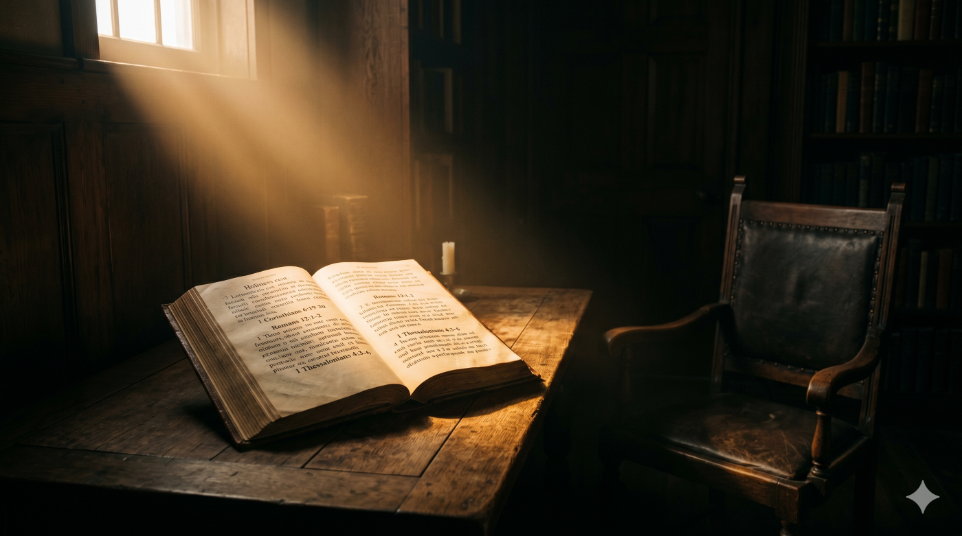 An open Bible illuminated by a dramatic beam of light on a dark wooden table next to an empty leather chair in a shadowed room, symbolizing the spiritual struggle for self-control and holiness. An open Bible illuminated by a dramatic beam of light on a dark wooden table next to an empty leather chair in a shadowed room, symbolizing the spiritual struggle for self-control and holiness.