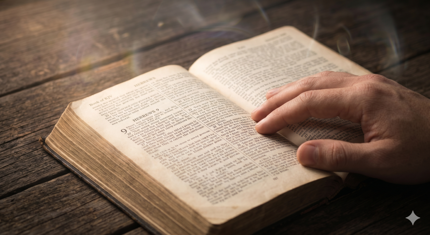 An open antique Bible resting on a rustic wooden table, with a hand placed over the text of Hebrews chapter 9. Soft, warm light illuminates the pages, creating a sense of peace and authority.
