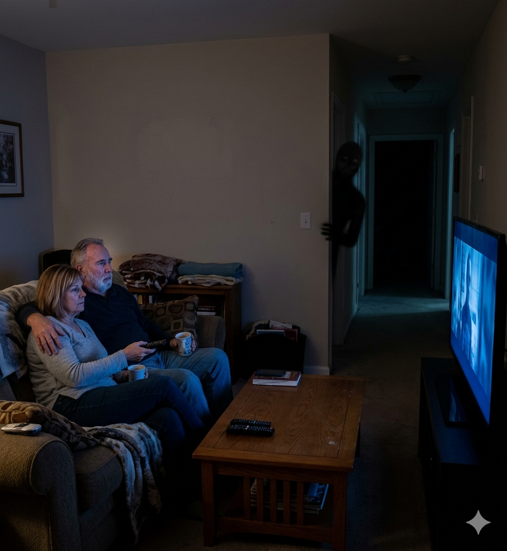 A couple sits on a couch in a dimly lit living room watching television, unaware of a dark, shadow-like entity peering around the corner of a dark hallway behind them.