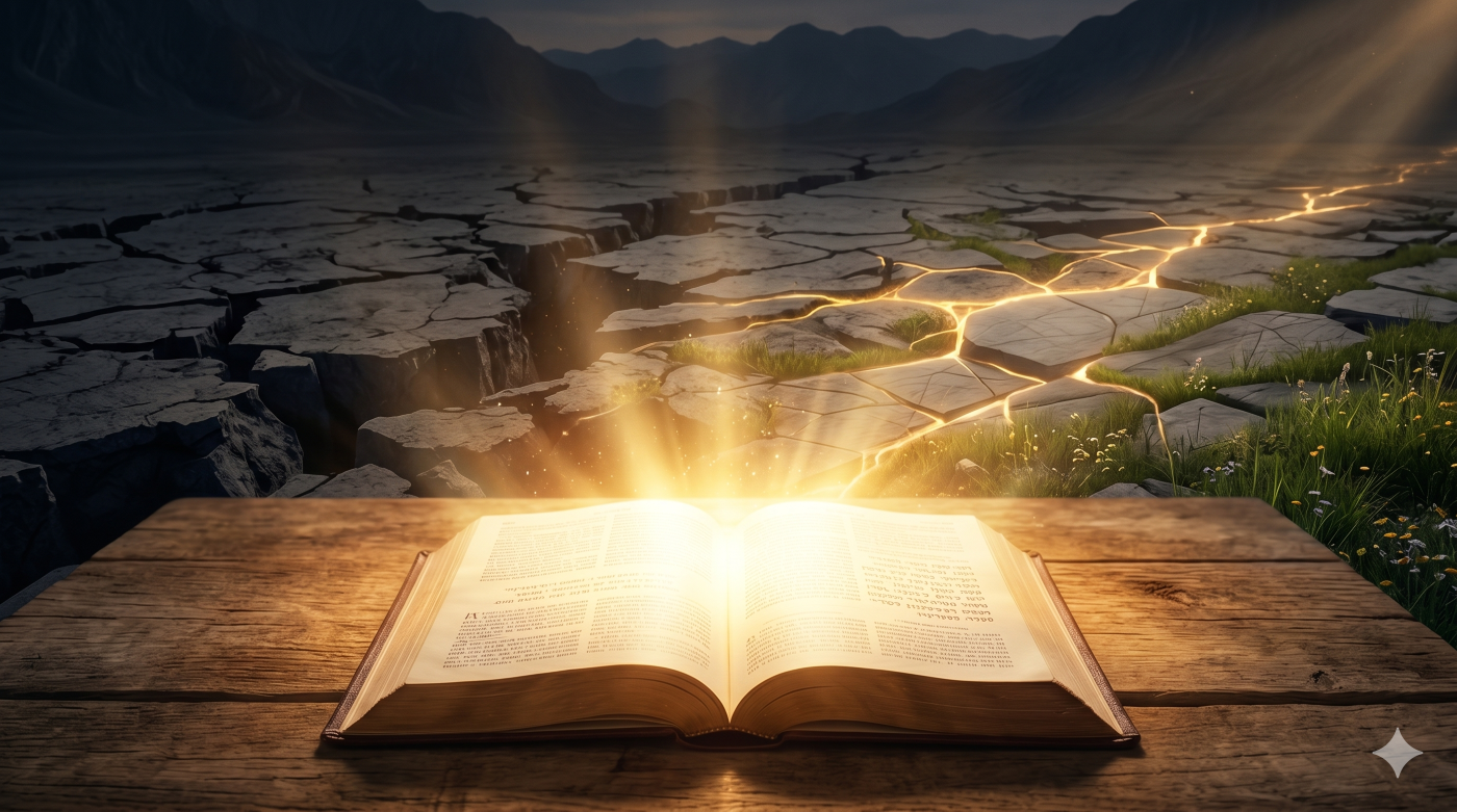 An open Bible radiating a powerful golden light on a wooden table, with the light spreading outward to mend a deeply fractured rock landscape, showing green grass and flowers growing where the stone heals. An open Bible radiating a powerful golden light on a wooden table, with the light spreading outward to mend a deeply fractured rock landscape, showing green grass and flowers growing where the stone heals.