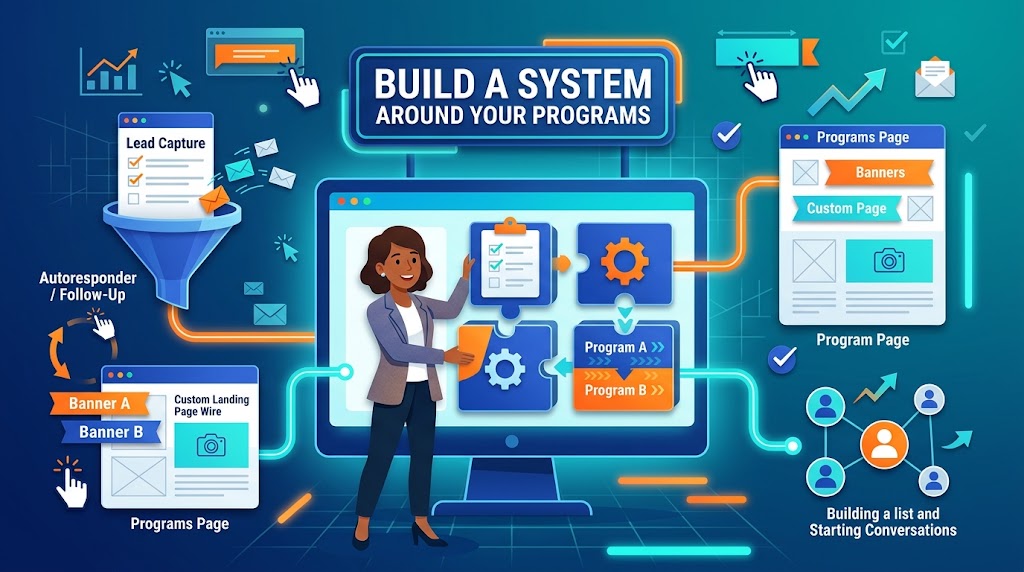 An infographic illustration titled "BUILD A SYSTEM AROUND YOUR PROGRAMS" against a dark teal, grid-lined digital background. A businesswoman stands at the center in front of a computer screen, organizing marketing components like puzzle pieces and flowcharts. Surrounding the center display are interconnected UI pop-ups and flow diagrams illustrating key affiliate marketing stages: Lead Capture, Autoresponder / Follow-Up, Custom Landing Page Wireframes, Program Pages, Banners, and List Building. Connected glowing orange and teal pipeline arrows show the flow between these marketing tools. An infographic illustration titled "BUILD A SYSTEM AROUND YOUR PROGRAMS" against a dark teal, grid-lined digital background. A businesswoman stands at the center in front of a computer screen, organizing marketing components like puzzle pieces and flowcharts. Surrounding the center display are interconnected UI pop-ups and flow diagrams illustrating key affiliate marketing stages: Lead Capture, Autoresponder / Follow-Up, Custom Landing Page Wireframes, Program Pages, Banners, and List Building. Connected glowing orange and teal pipeline arrows show the flow between these marketing tools.
