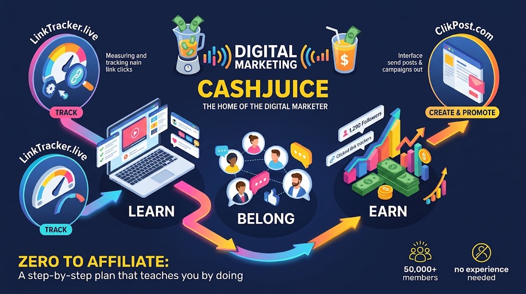 Digital marketing diagram for CashJuice, titled "Zero to Affiliate," showing a 3-step workflow (Learn, Belong, Earn) connected to LinkTracker.live and ClikPost.com. Digital marketing diagram for CashJuice, titled "Zero to Affiliate," showing a 3-step workflow (Learn, Belong, Earn) connected to LinkTracker.live and ClikPost.com.