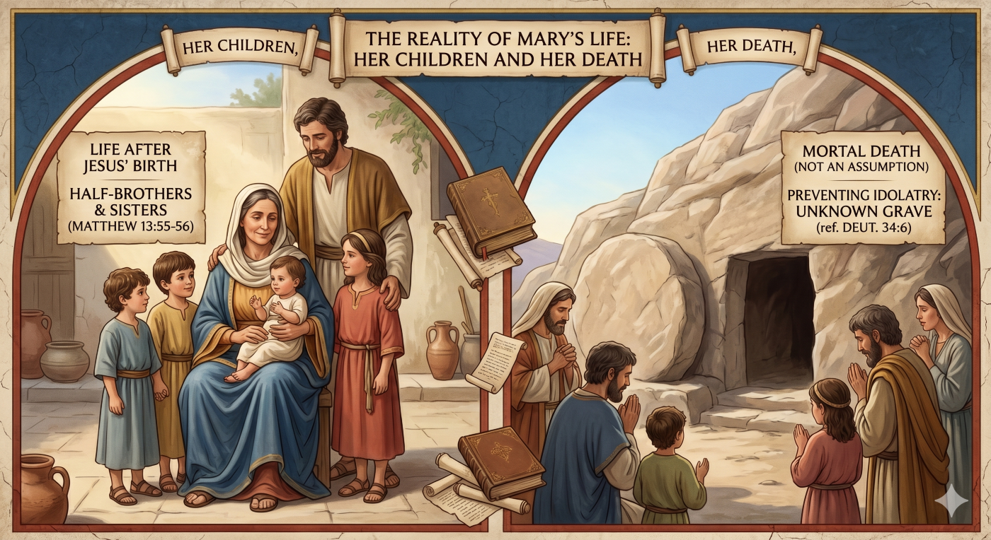 A split illustration, Suitable for an SBI BB2 block header. The top center features a decorative, flowing banner with classical script reading: 'CONCLUSION: WHO IS THE TRUE OBJECT OF OUR FAITH?'. The left panel, representing "MARY'S COUNSEL," shows a simple historical depiction of Mary (a woman in deep blue and terracotta robes) pointing forward toward the right side. A banner scroll text overlay reads: "MARY'S COUNSEL: 'WHATSOEVER HE SAITH UNTO YOU, DO IT' (JOHN 2:5)." The right panel, representing "JESUS CHRIST, THE OBJECT OF FAITH," shows a glorious ray of light shining down on a rugged wooden cross on a hilltop against a clear blue sky. A large, diverse group of people (men, women, children of multiple ethnicities) stand together below the cross, looking up with raised hands in prayer and worship. A text overlay reads: "JESUS CHRIST: 'WORSHIP GOD ALONE' (MATTHEW 4:10)." The entire illustration uses a unified palette of rich, muted colors and a clear, detailed classical art style with an aged, historical finish. The dividing line is integrated into the shared old books and scattered scrolls between the two panels. The light is diffused yet directional throughout. A conceptual, non-personalized image. A split illustration, Suitable for an SBI BB2 block header. The top center features a decorative, flowing banner with classical script reading: 'CONCLUSION: WHO IS THE TRUE OBJECT OF OUR FAITH?'. The left panel, representing "MARY'S COUNSEL," shows a simple historical depiction of Mary (a woman in deep blue and terracotta robes) pointing forward toward the right side. A banner scroll text overlay reads: "MARY'S COUNSEL: 'WHATSOEVER HE SAITH UNTO YOU, DO IT' (JOHN 2:5)." The right panel, representing "JESUS CHRIST, THE OBJECT OF FAITH," shows a glorious ray of light shining down on a rugged wooden cross on a hilltop against a clear blue sky. A large, diverse group of people (men, women, children of multiple ethnicities) stand together below the cross, looking up with raised hands in prayer and worship. A text overlay reads: "JESUS CHRIST: 'WORSHIP GOD ALONE' (MATTHEW 4:10)." The entire illustration uses a unified palette of rich, muted colors and a clear, detailed classical art style with an aged, historical finish. The dividing line is integrated into the shared old books and scattered scrolls between the two panels. The light is diffused yet directional throughout. A conceptual, non-personalized image.