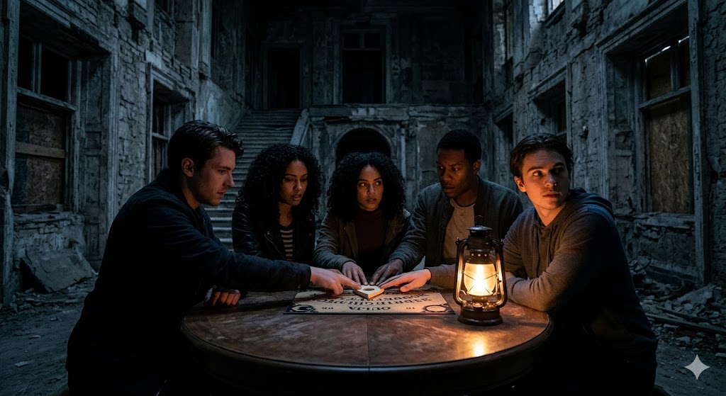 A group of five young adults huddled around a circular wooden table in a dark, crumbling, and foreboding abandoned building. They are using a Ouija board lit only by a single lantern, their expressions a mix of intensity and apprehension as they attempt to make contact with spirits.
