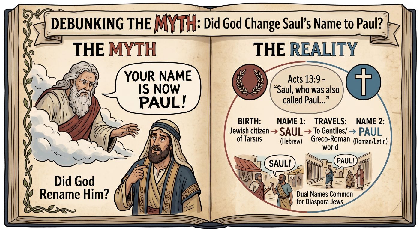 An open book displaying an educational infographic titled "Debunking the Myth: Did God Change Saul's Name to Paul?". The left page depicts "The Myth," showing a illustration of God in the clouds telling a man, "Your name is now Paul!" The right page shows "The Reality," citing Acts 13:9 and explaining that as a Roman citizen living in the Diaspora, he always had two names: Saul (Hebrew) used in Jewish contexts, and Paul (Latin) used when traveling throughout the Greco-Roman world. An open book displaying an educational infographic titled "Debunking the Myth: Did God Change Saul's Name to Paul?". The left page depicts "The Myth," showing a illustration of God in the clouds telling a man, "Your name is now Paul!" The right page shows "The Reality," citing Acts 13:9 and explaining that as a Roman citizen living in the Diaspora, he always had two names: Saul (Hebrew) used in Jewish contexts, and Paul (Latin) used when traveling throughout the Greco-Roman world.